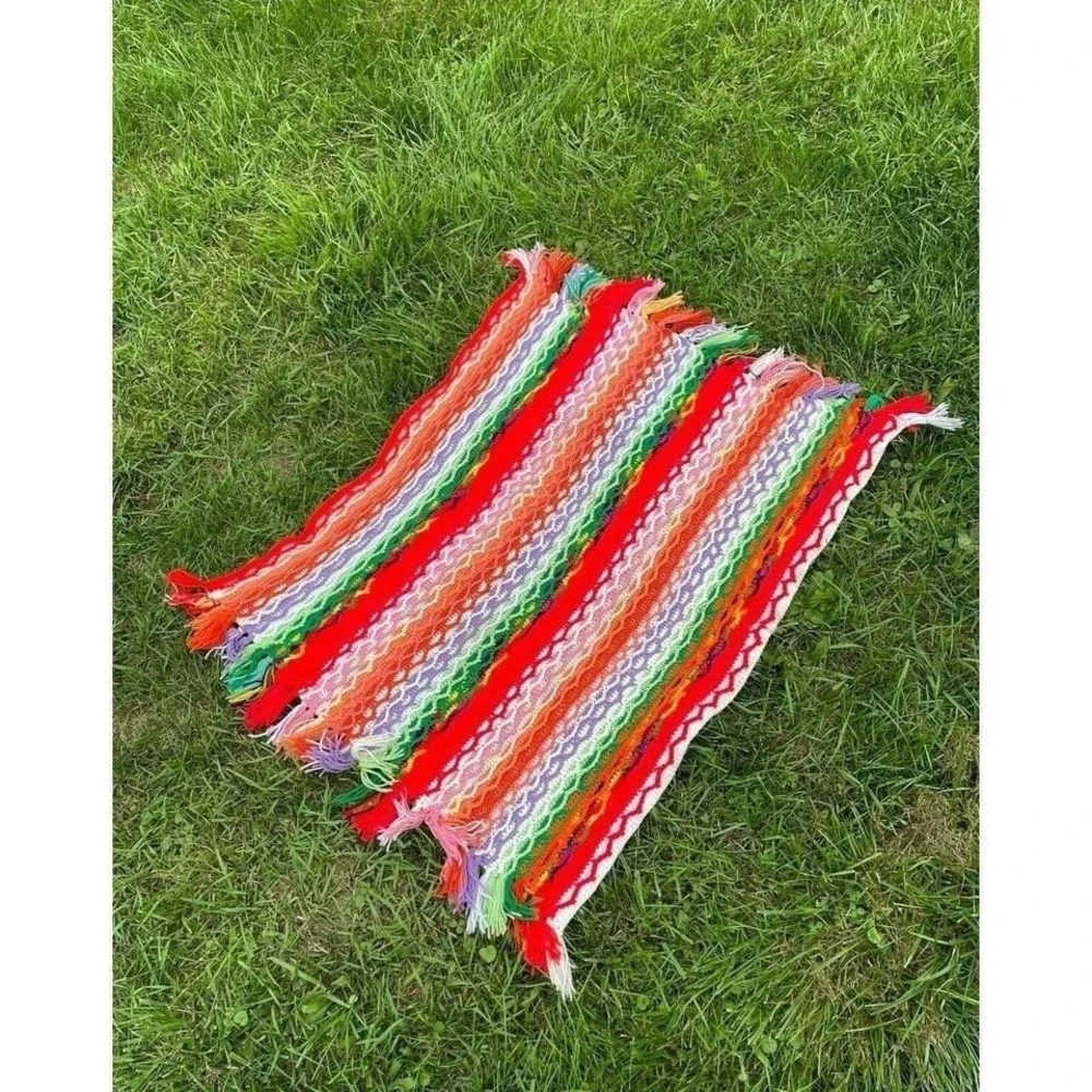 VTG Boho Striped Rainbow Hand Knit Crochet Blanket Throw Afghan 38x47 Reversible